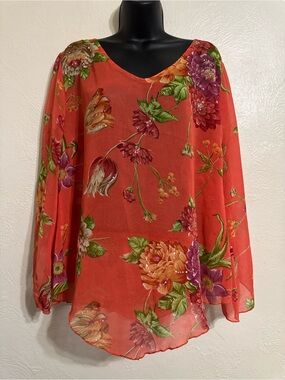 Orange Floral V-Neck Sheer Blouse 0093